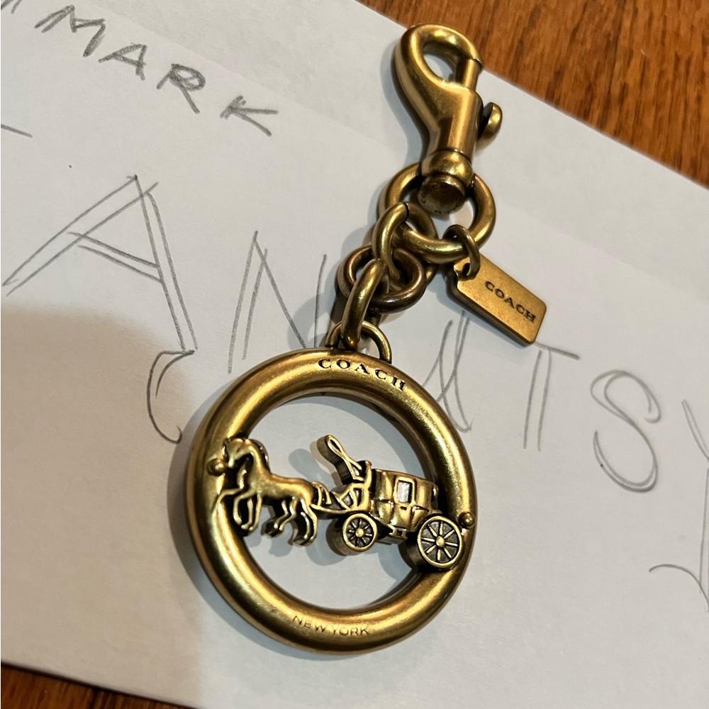 COACH carriage charm keychain fob hangtag tag brass with dogleash hook